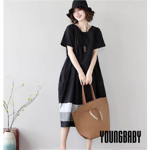 【YOUNGBABY中大碼】梯形領撞色裙襬長版洋裝 中大尺碼女裝