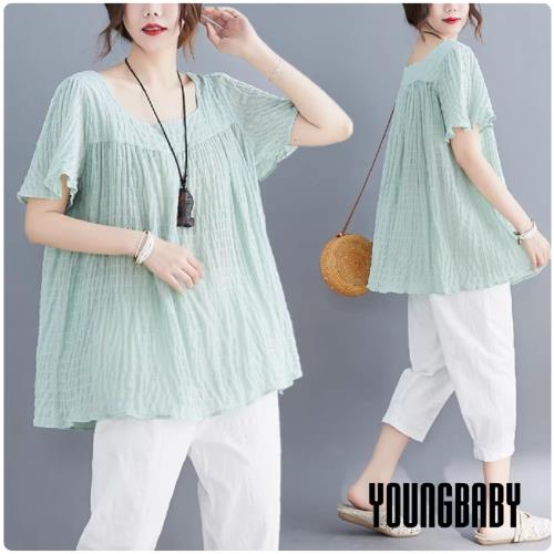 【YOUNGBABY中大碼】甜美方領抓皺娃娃衫 中大尺碼女裝