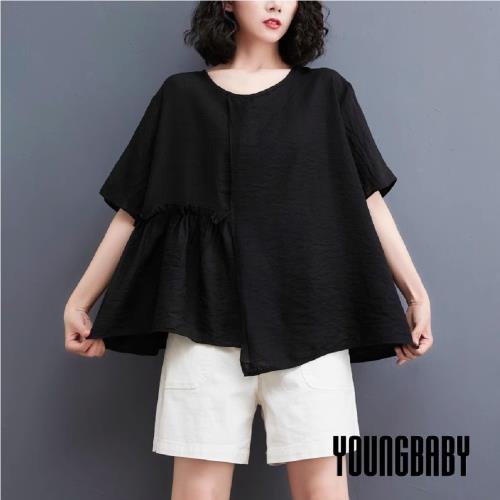 【YOUNGBABY中大碼】韓版抓皺荷葉不規則拼接棉麻娃娃衫 中大尺碼女裝