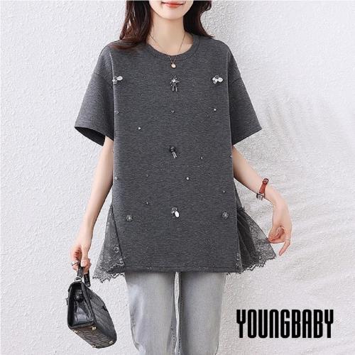 【YOUNGBABY中大碼】亮片小蜜蜂星鑽拼接蕾絲閃銀上衣 中大尺碼女裝