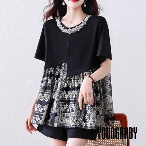 【YOUNGBABY中大碼】圓領蕾絲小花不規則上衣 中大尺碼女裝