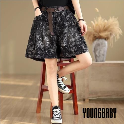 【YOUNGBABY中大碼】貓咪噴墨拓印牛仔五分褲裙 中大尺碼女裝