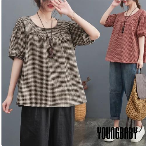 【YOUNGBABY中大碼】抓皺拼接小方格子娃娃衫 中大尺碼女裝