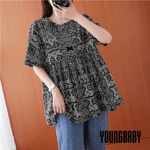 【YOUNGBABY中大碼】民族風圖騰拼接裙襬娃娃衫 中大尺碼女裝