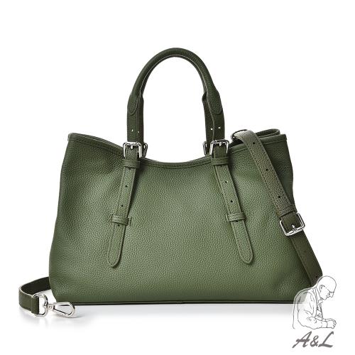 【A&L老工匠】真皮進口自然摔牛皮Leona氣質通勤側背斜背包-松葉綠
