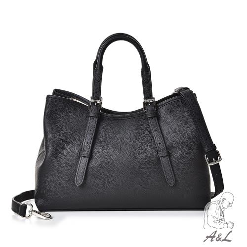 【A&L老工匠】真皮進口自然摔牛皮Leona氣質通勤側背斜背包-經典黑