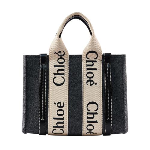 Chloe 蔻依 WOODY 經典品牌LOGO毛呢手提/肩背托特包(深灰/小號)