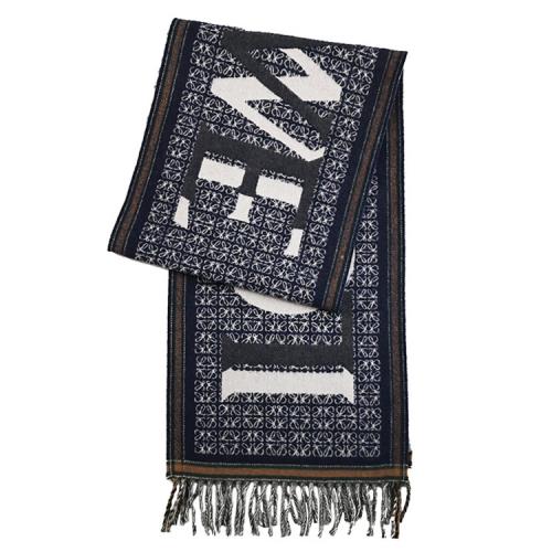 LOEWE 滿版緹花LOGO羊毛流蘇保暖披肩/長圍巾.深藍/綠