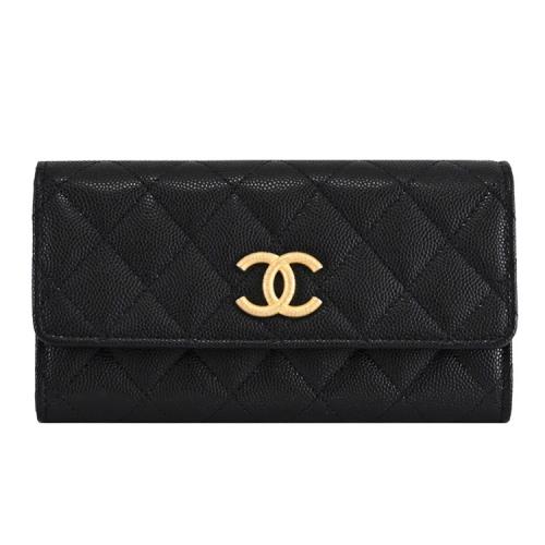 CHANEL AP3520 限定雙C LOGO菱格小牛皮翻蓋中長夾.黑/金