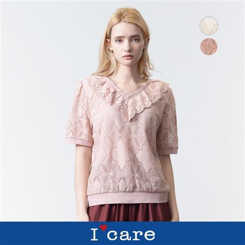 現貨【ICare 依卡】甜甜氣質花領蕾絲短袖上衣 - 2色（F）｜女蕾絲上衣 休閒上衣 甜美上衣