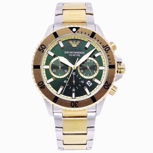 EMPORIO ARMANI 鋼鐵人旋風再起優質計時腕錶-綠金-AR11586