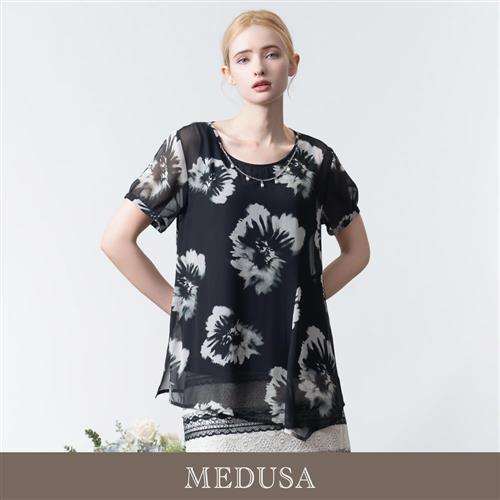 現貨【MEDUSA 曼度莎】珍珠吊飾暈染雪紡上衣（M-2L）｜女雪紡上衣 長版上衣 假兩件式