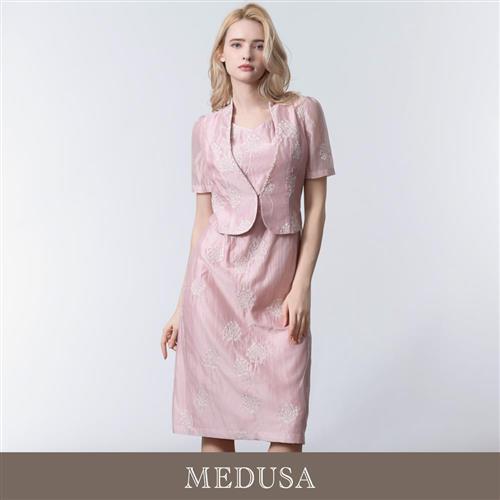 現貨【MEDUSA 曼度莎】古典刺繡假兩件式天絲小禮服（M-2L）｜小禮服 刺繡禮服 媽媽禮服