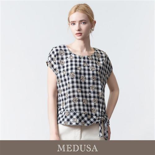 現貨【MEDUSA 曼度莎】小白花格紋造型綁結涼感上衣（M-XL）｜女休閒上衣 格紋短袖 涼感上衣