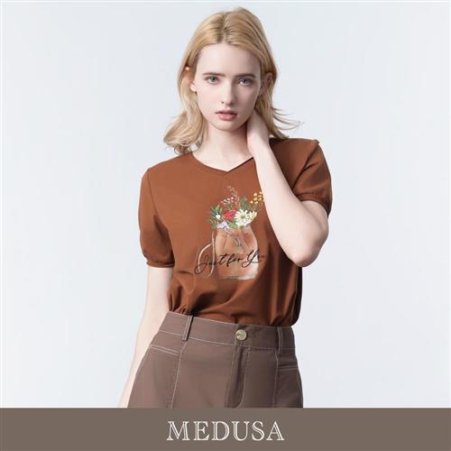現貨【MEDUSA 曼度莎】棕色花卉插畫短袖棉T（M-2L）｜女休閒上衣 短袖T恤 純棉T恤