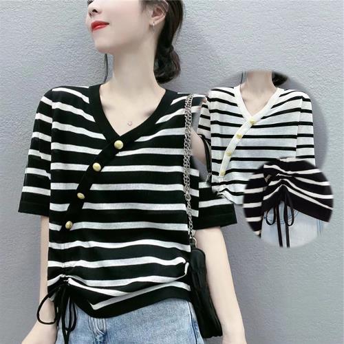 CS22 抽繩條紋針織衫上衣