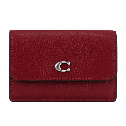 COACH CM437 經典C LOGO荔枝皮革三折零錢短夾.深紅