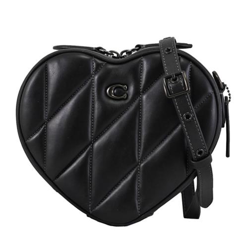COACH CE725 Heart 柔軟絎縫心形雙拉鍊斜背包.黑色