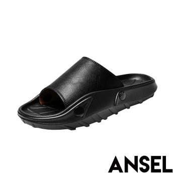 【ANSEL】真皮輕量厚底拖鞋/真皮牛皮經典百搭復古輕量厚底拖鞋 男鞋 黑