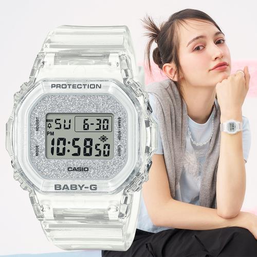 CASIO BABY-G 閃亮光芒透明方形計時錶/銀白/BGD-565GC-7