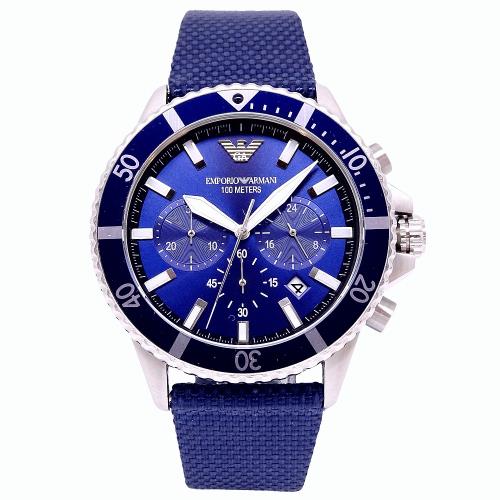 EMPORIO ARMANI 蔚藍海岸線三眼計時優質皮革腕錶-藍-AR11588