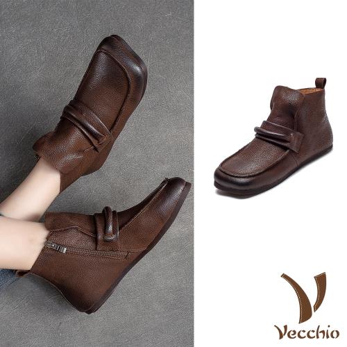 【VECCHIO】全真皮方頭平底短靴/全真皮頭層牛皮立體一字飾帶方頭平底短靴 女鞋 咖