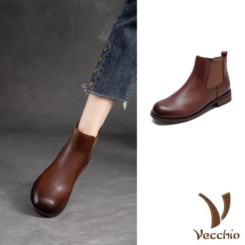 【VECCHIO】全真皮純色切爾西短靴/全真皮頭層牛皮純色百搭經典切爾西短靴 女鞋 棕