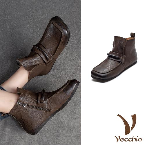 【VECCHIO】全真皮方頭平底短靴/全真皮頭層牛皮立體一字飾帶方頭平底短靴 女鞋 灰