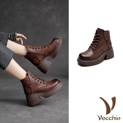 【VECCHIO】全真皮翻領粗跟厚底短靴/全真皮頭層牛皮復古小翻領繫帶粗跟厚底短靴 女鞋 棕