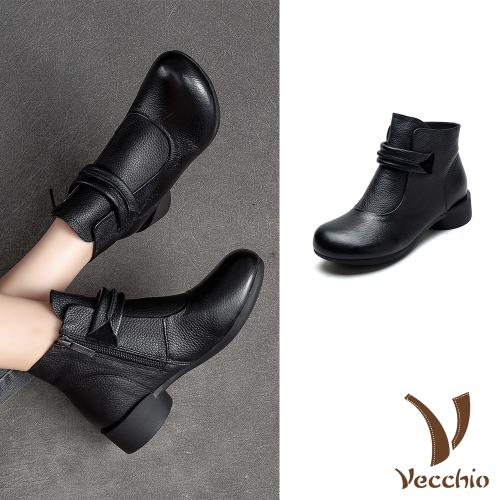 【VECCHIO】全真皮復古低跟短靴/全真皮頭層牛皮復古一字帶低跟短靴 女鞋 黑