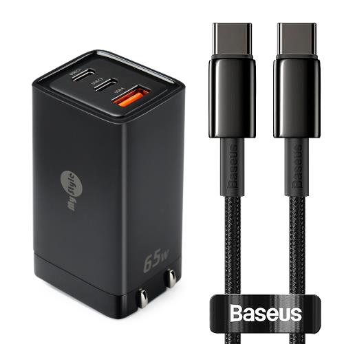 MyStyle 65W GaN氮化鎵極速充電器-黑+倍思 鎢金線 Type-C to Type-C 快充充電線200cm