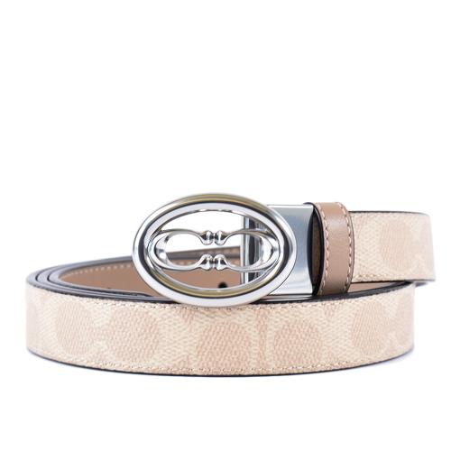 COACH 女款 鏤空銀字緹花LOGO雙面用皮帶-灰褐/奶茶色