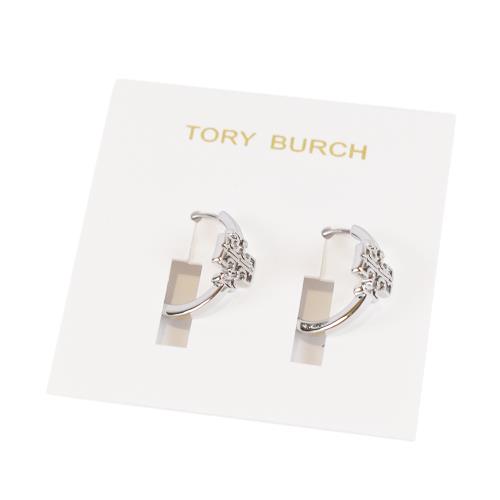 TORY BURCH 雙T LOGO針式耳圈-銀色