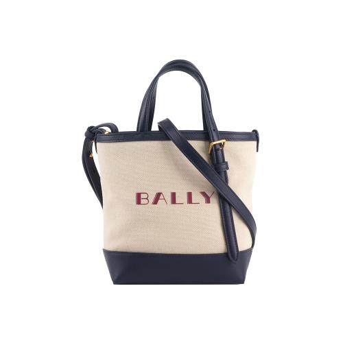 BALLY 紅字燙印帆布及小牛皮迷你托特包(自然色/深孔雀綠)