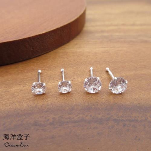 【海洋盒子】4mm/5mm。簡約亮眼百搭圓鋯S999純銀耳環.免後扣.貼耳耳環
