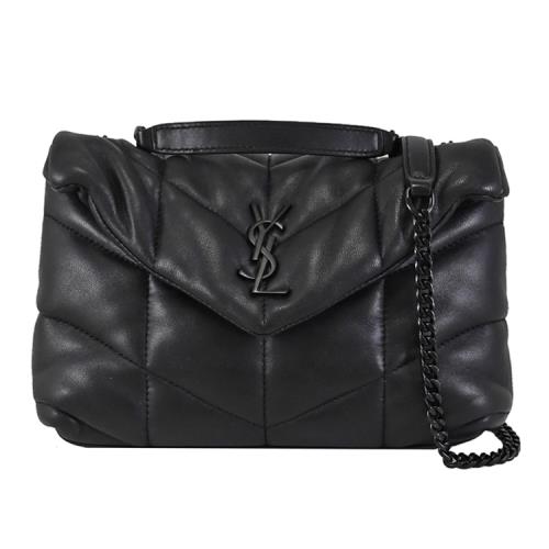 YSL 759337 PUFFER TOY 絎縫小羊皮翻蓋兩用滑動式鏈包.黑