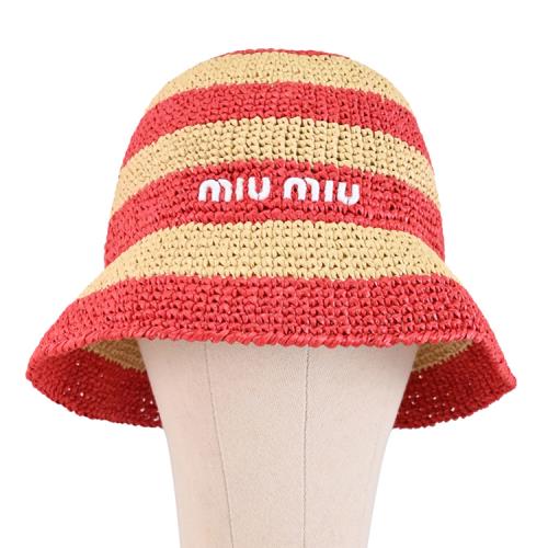 MIU MIU 5HC305 品牌LOGO黏纖織物編織漁夫帽.桃紅