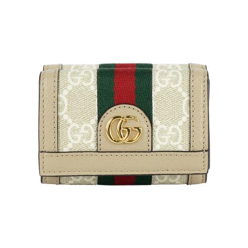 GUCCI Ophidia 綠紅織帶雙釦迷你三折短夾(米色/燕麥色)