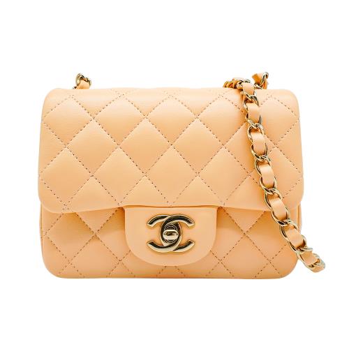 Chanel 展示品 Coco 淡金logo羊皮方胖斜背包-17cm(A35200-粉膚)