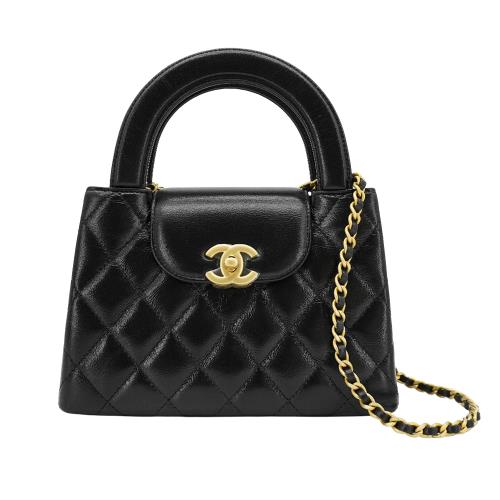 Chanel 展示品 Kelly Mini 菱格牛皮霧金鍊手提斜背包(AS4416-黑)