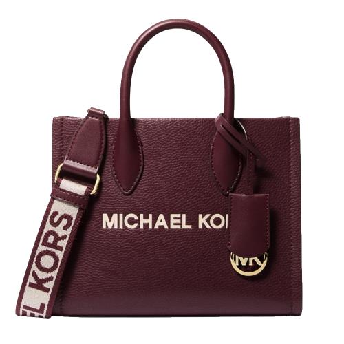 Michael Kors 帆布字母背帶皮革手提/斜背紙袋包(酒紅)