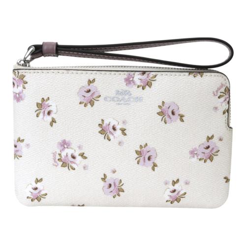 COACH- 烙印銀字紫玫瑰花防刮 L型拉鍊手拿包(米白x紫花)