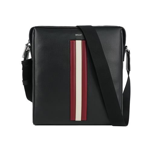 BALLY Mythos 紅白條紋再生牛皮拉鍊斜背包(黑色)