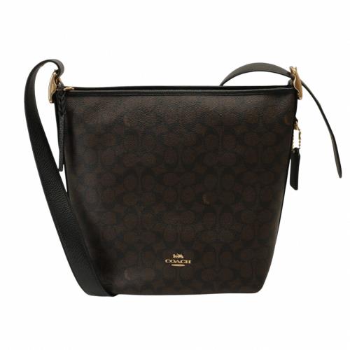 COACH-防刮PVC LOGO 皮革斜背水桶包(深咖啡)中