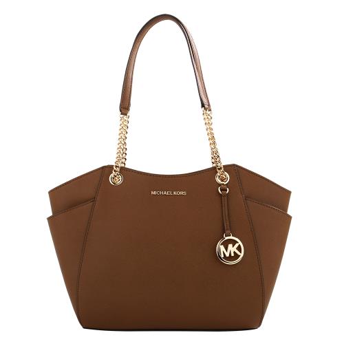 MICHAEL KORS-大MK吊飾防刮金鍊帶肩背托特包(深駝色)