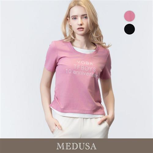 現貨【MEDUSA 曼度莎】假兩件字母抽皺層次感T恤 - 2色（M-XL）｜女短袖T恤 休閒上衣 短袖上衣