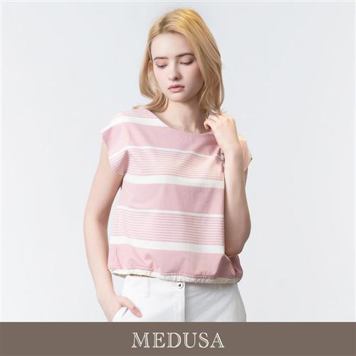 現貨【MEDUSA 曼度莎】粉紅條紋5號綁繩闊肩T恤（M-XL）｜條紋T恤 女休閒上衣 闊肩上衣