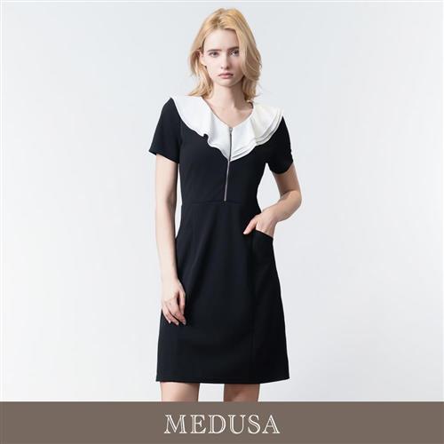現貨【MEDUSA 曼度莎】大荷葉V領拉鍊洋裝（M-XL）｜短洋裝 黑色洋裝 荷葉邊洋裝