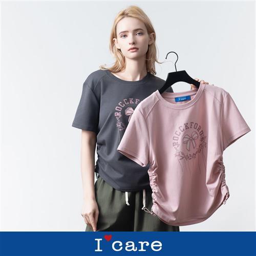 現貨【ICare 依卡】蝴蝶結刺繡抽繩T恤 - 2色（F）｜女短袖T恤 休閒上衣 短袖上衣
