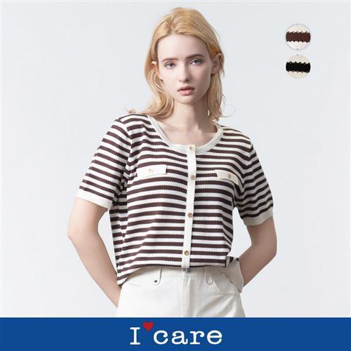 現貨【ICare 依卡】復古條紋針織上衣 - 2色（F）｜女休閒上衣 條紋針織衫 復古上衣